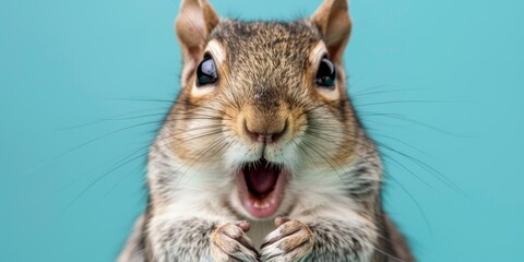 Obraz premium Squirrel with mouth open in surprise, close-up on blue background