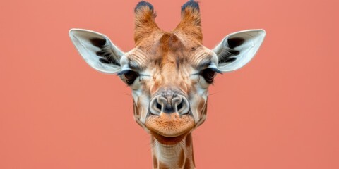 Giraffe muzzle on a pastel background, Beautiful cute animal with emotions, concept: postcard banner copy space