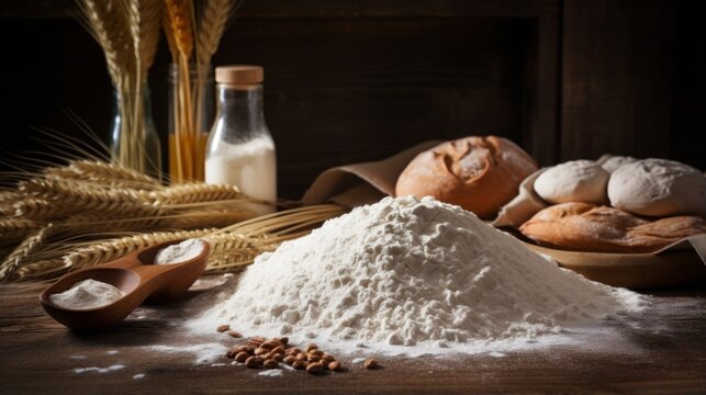 Warm bakery scene with freshly baked bread, flour, and key ingredients for bread making, suggesting traditional and authentic processes