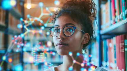 A woman wearing glasses is standing in front of a bookshelf. She is looking at a molecular structure that is floating in front of her.