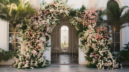 A grand entrance marked by a luxurious archway adorned with lush flowers sets a scene of opulence and splendor