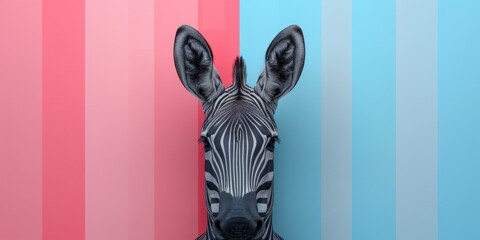 Portrait of a zebra on a striped background. Bright and expressive photography for children's books, cards and decorative prints