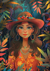 Illustration of a girl wearing a hat and glasses standing in the jungle surrounded by lush greenery and wildlife. Poster design