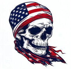 A skull with a red, white and blue bandana on its head