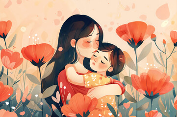Illustration of a mother and child are hugging each other affectionately in a bright field of red poppies.