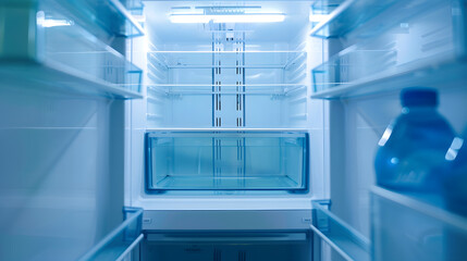 Opened empty refrigerator Refrigerator open empty fridge inside interior close up on empty refrigerator with door open New clean refrigerator : Generative AI