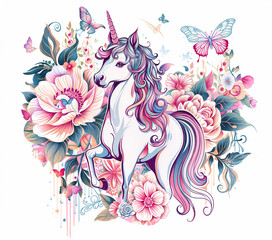 Illustration of a cute unicorn standing gracefully amidst colorful flowers and fluttering butterflies against a white backdrop. T-shirt print design