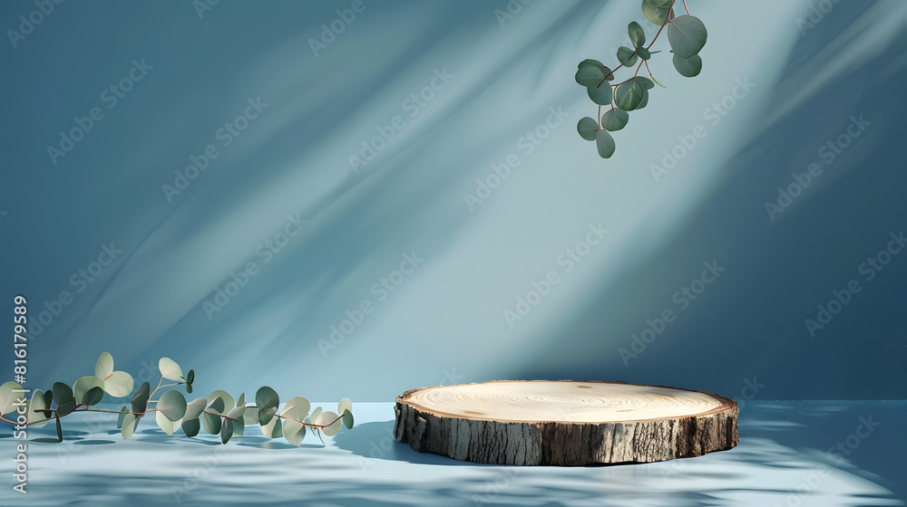 Poster Abstract empty Wood slice podium with eucalyptus leaves and shadows on blue background Mock up stand for product presentation 3D Render Minimal concept Advertising template : Generative AI