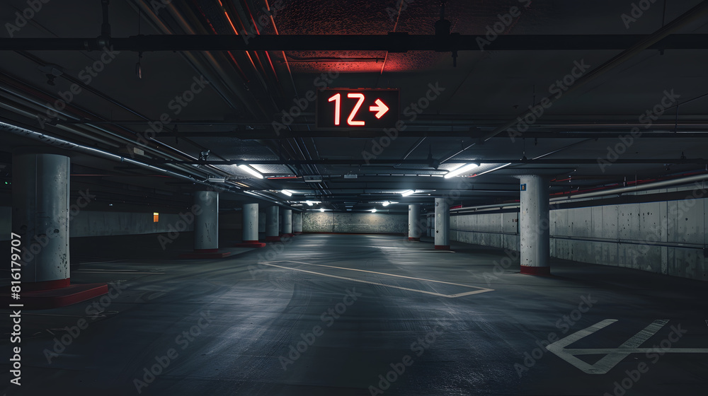 Poster Grungy dimly lit empty parking garage with overhead lights and an exit sign hanging from the ceiling : Generative AI