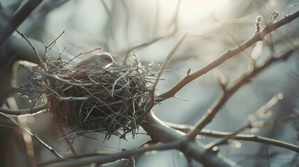 Empty birds nest on the tree branch Shallow focus Wildlife wallpaper : Generative AI