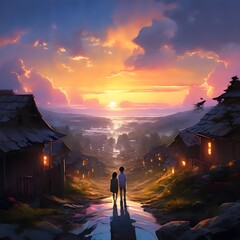 Couple looking at the sunset in the mountains