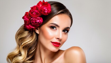 portrait of a woman with red lips and flowers in hair