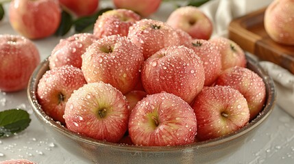   An intimate view of an apple-filled bowl on a table with a cutting board nearby