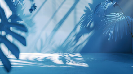 Abstract blue color gradient studio background for product presentation Empty room with shadows of window and flowers and palm leaves  3d room with copy space Summer concert Blurred ba : Generative AI