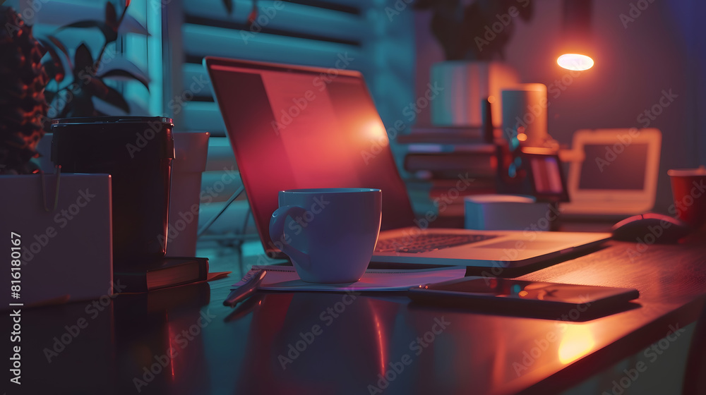 Aufkleber work office desk with a cup of coffee computer laptop notebook pen : generative ai