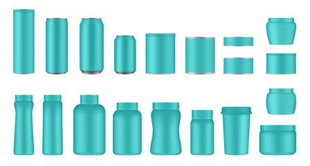 Set of mint green tin cans and jars. Coffee or tea canister. Tin can for preserves or pet food. Beer, cocktail or soda can. Chips tube. Cookie jar. Round box for sugar or flour