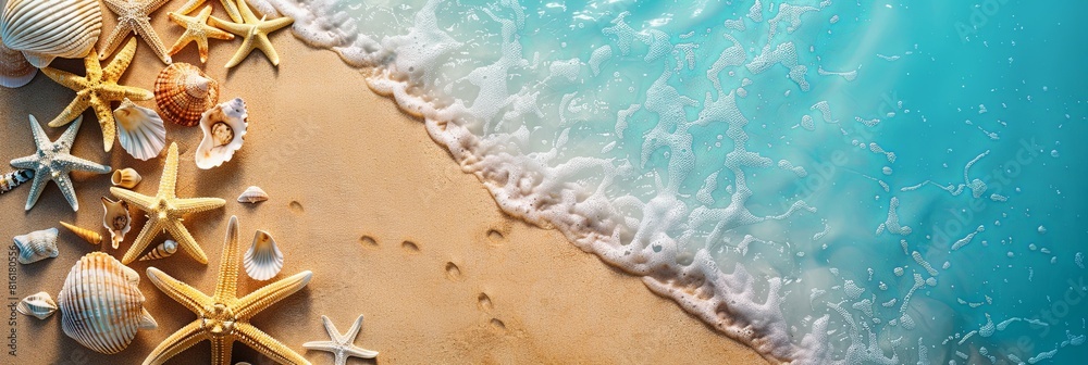Poster starfish and shells scattered on a sandy beach, creating a beach style background wallpaper for a wa