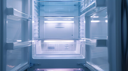Opened empty refrigerator Refrigerator open empty fridge inside interior close up on empty refrigerator with door open New clean refrigerator : Generative AI