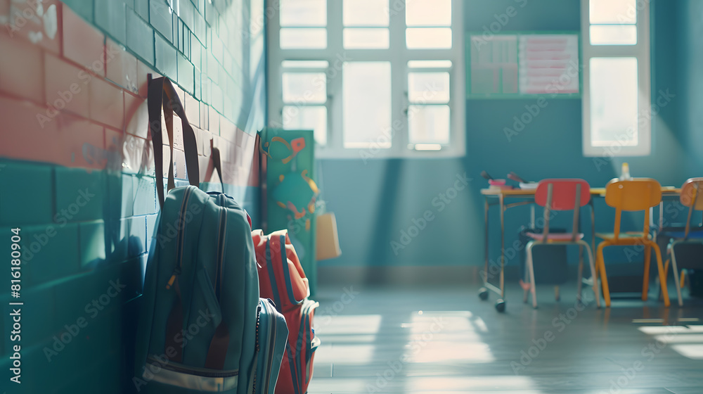 Poster interior of stylish empty classroom with backpacks and stationery : generative ai