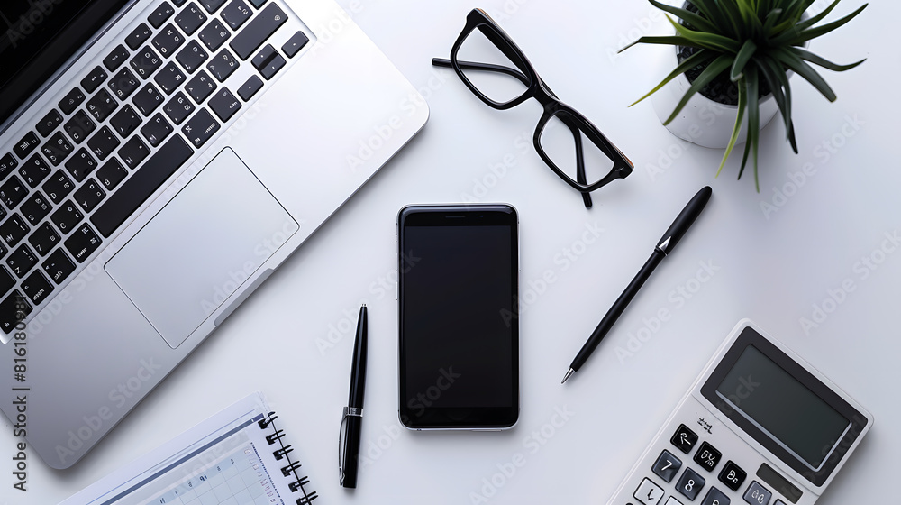 Poster white office desk table workspace office with laptop smartphone black screen pen calculator glasses 