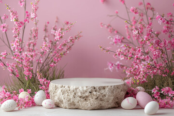 A decorative spring display featuring a stone pedestal with pink blossoming branches and Easter eggs against pink background