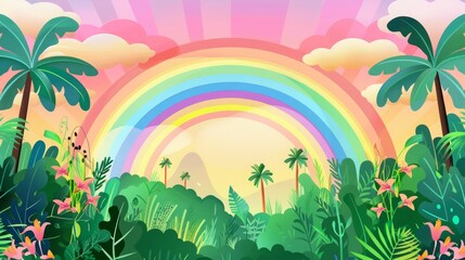 Obraz premium cartoon jungle field with rainbow background flat illustration.