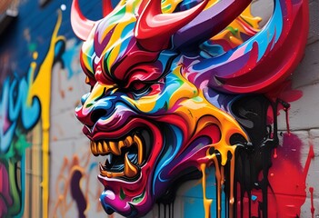 Naklejka premium illustration of rainbow devil in graffiti style