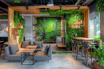 Obraz premium Modern office lounge with lush living walls creating a green workspace