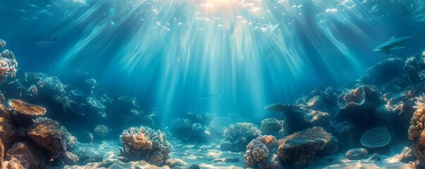 Enchanting underwater rays filter through a dense ocean, casting a spell on the rocky seabed, perfect for mystical or fantasy settings
