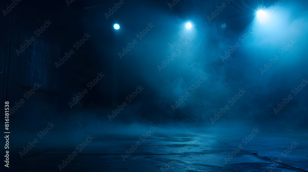 Poster a dark empty street dark blue background an empty dark scene neon light spotlights the asphalt floor