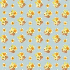 Seamless  floral botanical pattern of a flowers of daffodils in an envelope on grey blue background