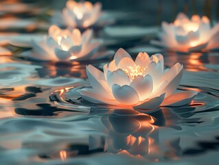 Ethereal aquatic blossoms emitting gentle light, surrounded by tranquil waters, suitable for meditation apps or wellness products