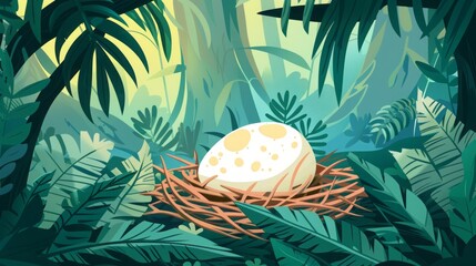 cartoon one bright dinosaur egg in the jungle flat illustration.