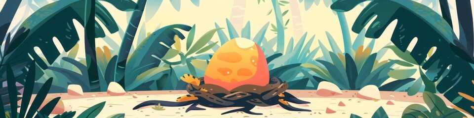 cartoon one bright dinosaur egg in the jungle flat illustration.