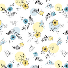Yellow and blue Flowers with decorative leaves pattern.