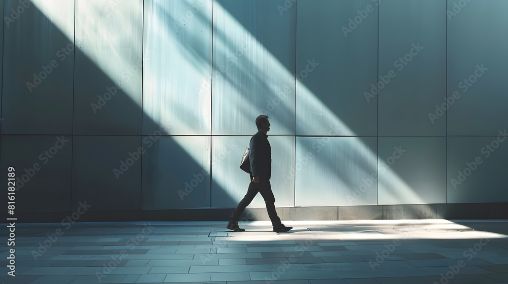 Poster Man walking by sunlit wall background with place for your advertising poster near empty shop window with space for your product presentation in modern building area outdoors mock up : Generative AI