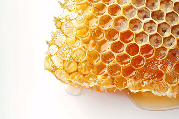 Close-Up of a Honeycomb with Golden Honey Droplets on a White Background