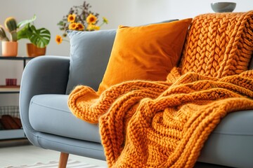 Modern couch with plaid in bright interior