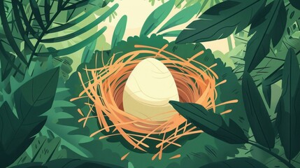 cartoon one bright dinosaur egg in the jungle flat illustration.