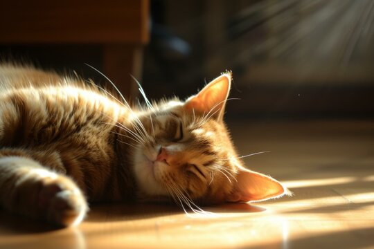 Cozy orange tabby cat sleeps peacefully in a warm sunlit spot on a wooden floor - Powered by Adobe