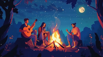 Friends in forest near bonfire with guitar. Group of people under night sky with stars enjoy holidays at camping place.