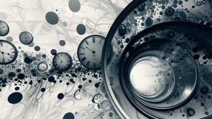 black and white digital art piece, curved pipe filled with clocks, symbolizing the concept that time is flowing into our lives
