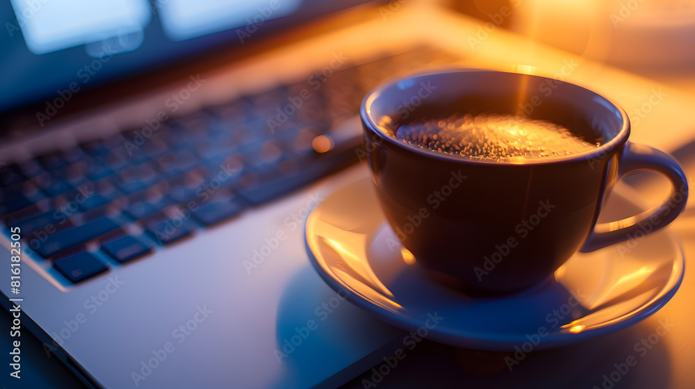 Aufkleber work office desk with a cup of coffee computer laptop notebook pen : generative ai