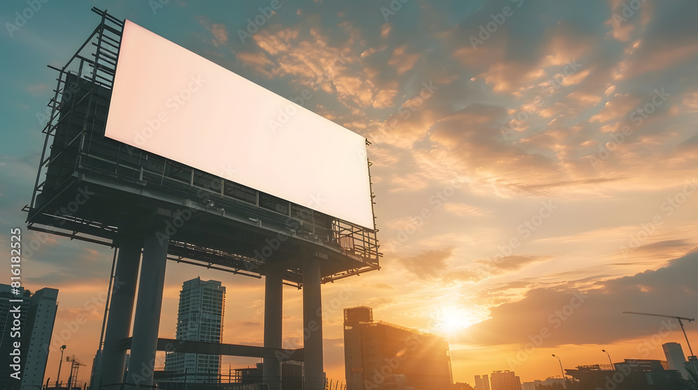 Aufkleber Mock up white background billboard on building clipping path for Mockup A large empty billboard on a city background in the middle of the sunset : Generative AI