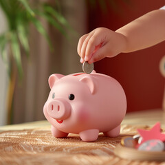 Childs hand putting coin into piggybank, representing financial education, ai generative