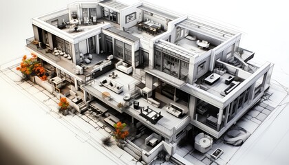 Obraz premium Line Art flat design top view architectural sketches theme 3D render Black and white