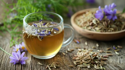 Fennel Seed Tea and Extract with Flowers on Wooden Background Natural Remedy for Boosting Breast Milk Production and Relieving Stress and Sleep Troubles