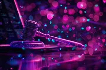 A conceptual image featuring a gavel, laptop, and symbolic icons on a table, representing the integration of AI in legal technologies.
