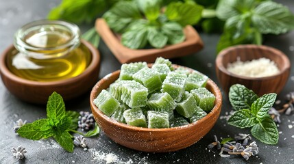   A wooden bowl brimming with green powdered sugar flanks two wooden spoons laden with powdered sugar and mint - Powered by Adobe