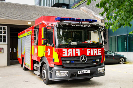 London, England, Uk - 27 June 2023: Fire engine of the London Fire Brigade parked outside Euston Fire Station in central London